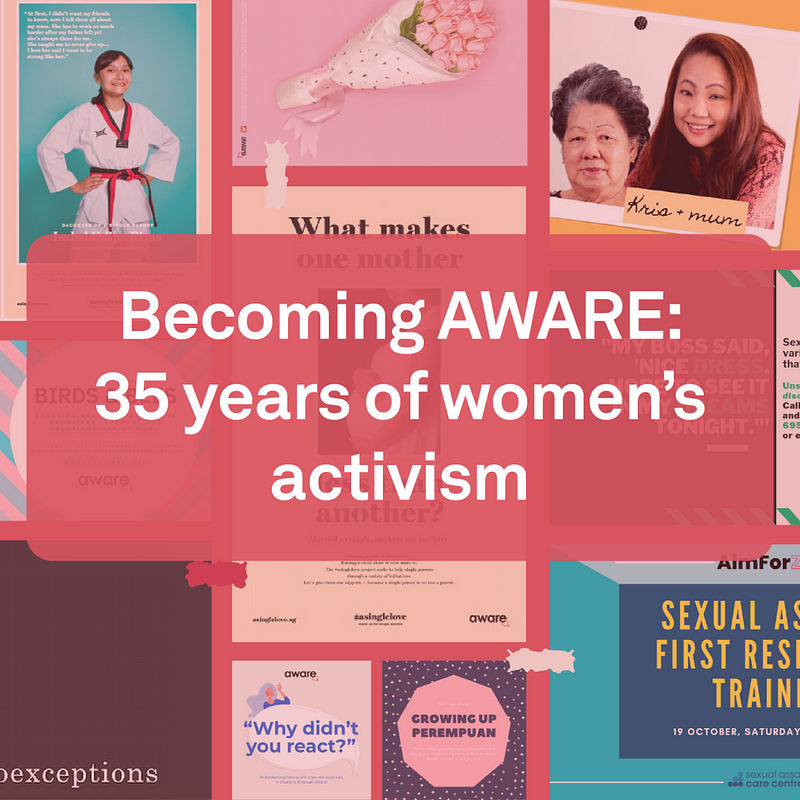 a collage of posters from AWARE, a singapore feminist organisation